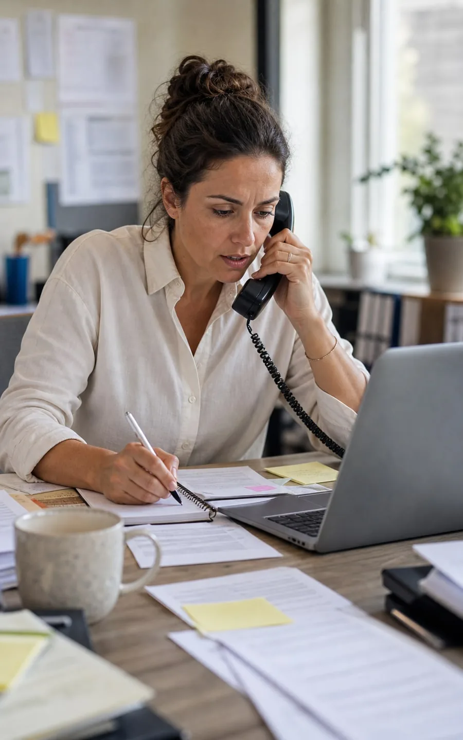 Office worker manually handling enquiries by phone, notes, and laptop
