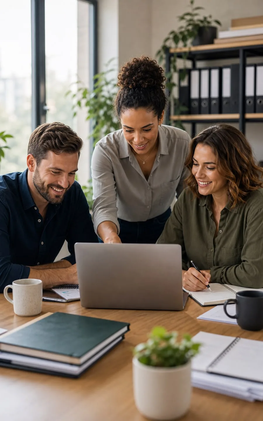 Team smiling around a laptop during a workflow handover