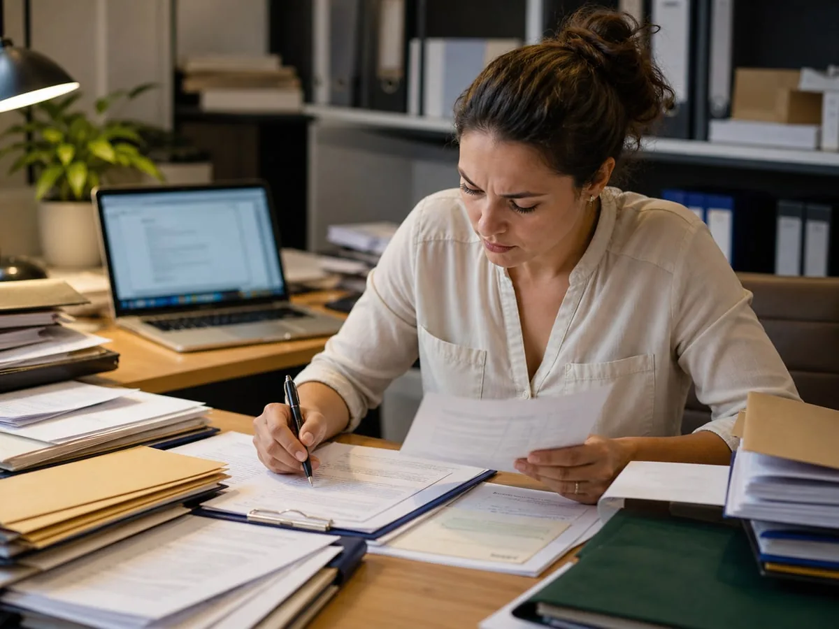 Office worker surrounded by folders and forms while checking manual admin