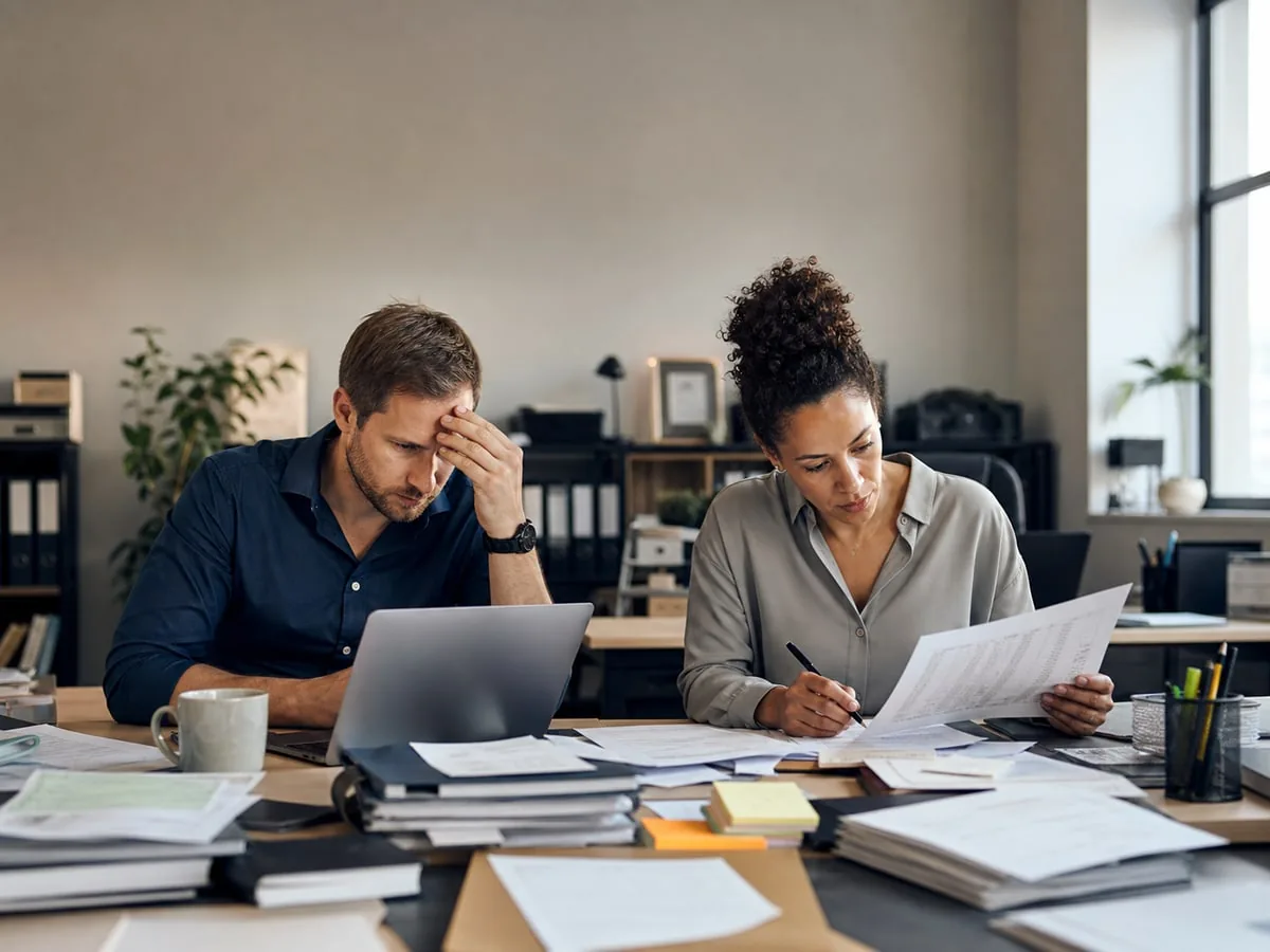 Two office workers looking overloaded while checking paperwork and a laptop