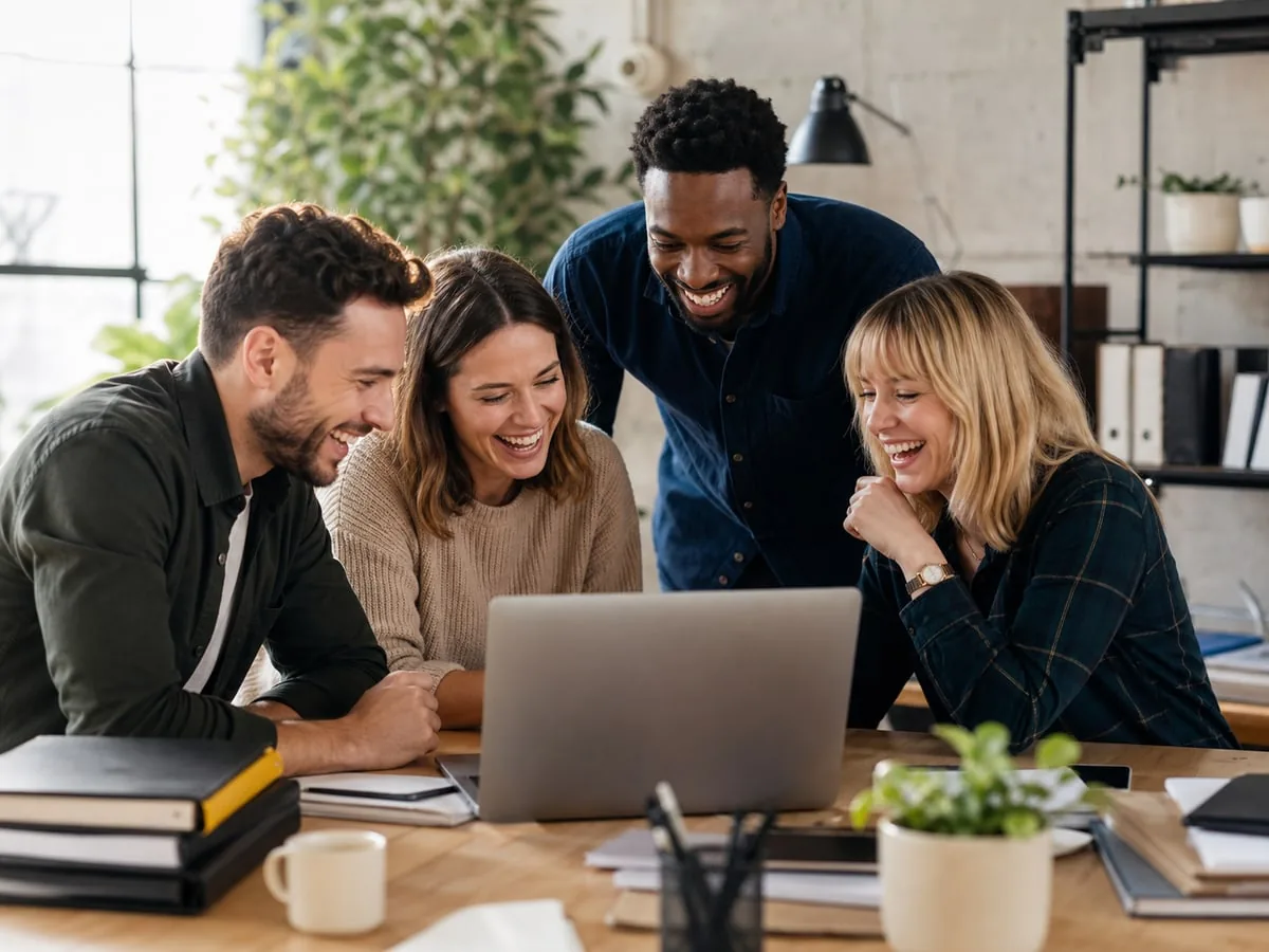 Small team laughing around a computer after simplifying an admin workflow